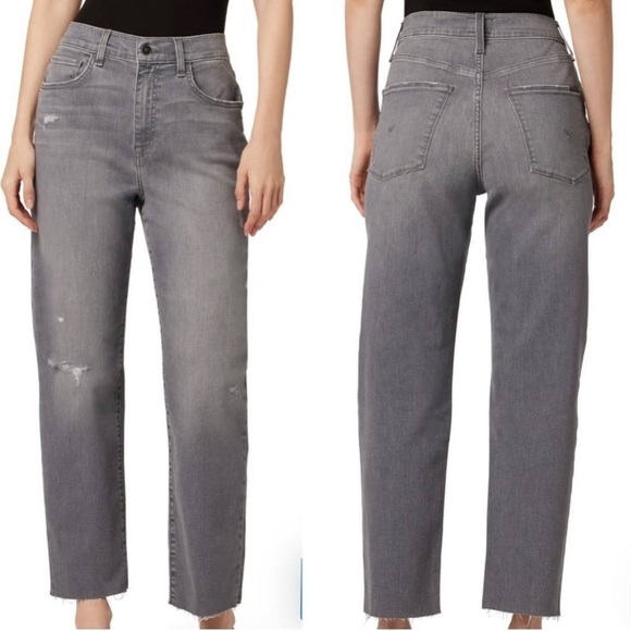 HUDSON Kass High Rise & Straight Fit Jeans Raw Hem Faded Black‎ Distressed 25 - Picture 1 of 15
